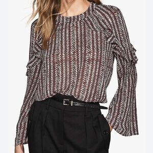 Reiss Adelaide Printed Ruffle Detail Blouse in Berry Size